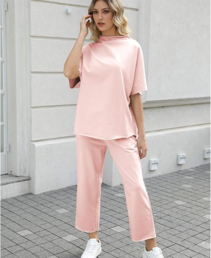 Women's Two Piece Outfits 3/4 Batwing Sleeve Capelet Crew Neck Pullover Top Wide Leg Pants Lounge Set