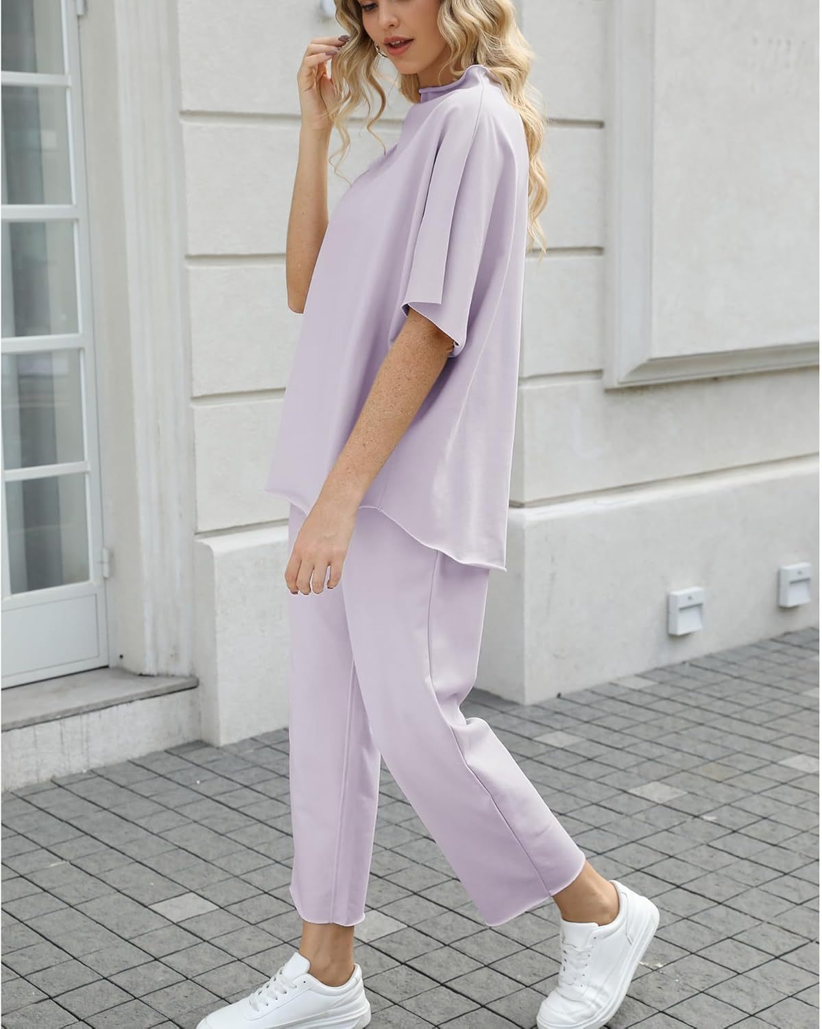 Women's Two Piece Outfits 3/4 Batwing Sleeve Capelet Crew Neck Pullover Top Wide Leg Pants Lounge Set