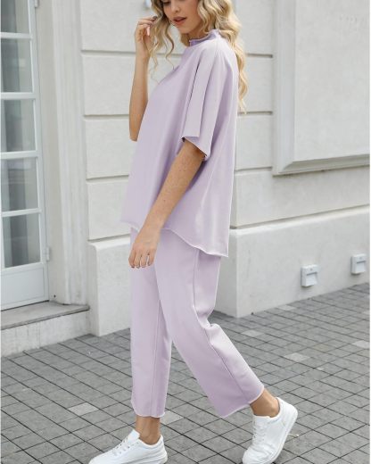 Women's Two Piece Outfits 3/4 Batwing Sleeve Capelet Crew Neck Pullover Top Wide Leg Pants Lounge Set