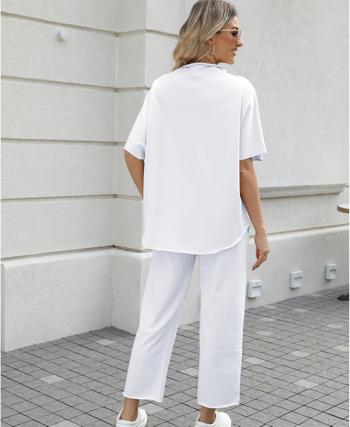 Women's Two Piece Outfits 3/4 Batwing Sleeve Capelet Crew Neck Pullover Top Wide Leg Pants Lounge Set