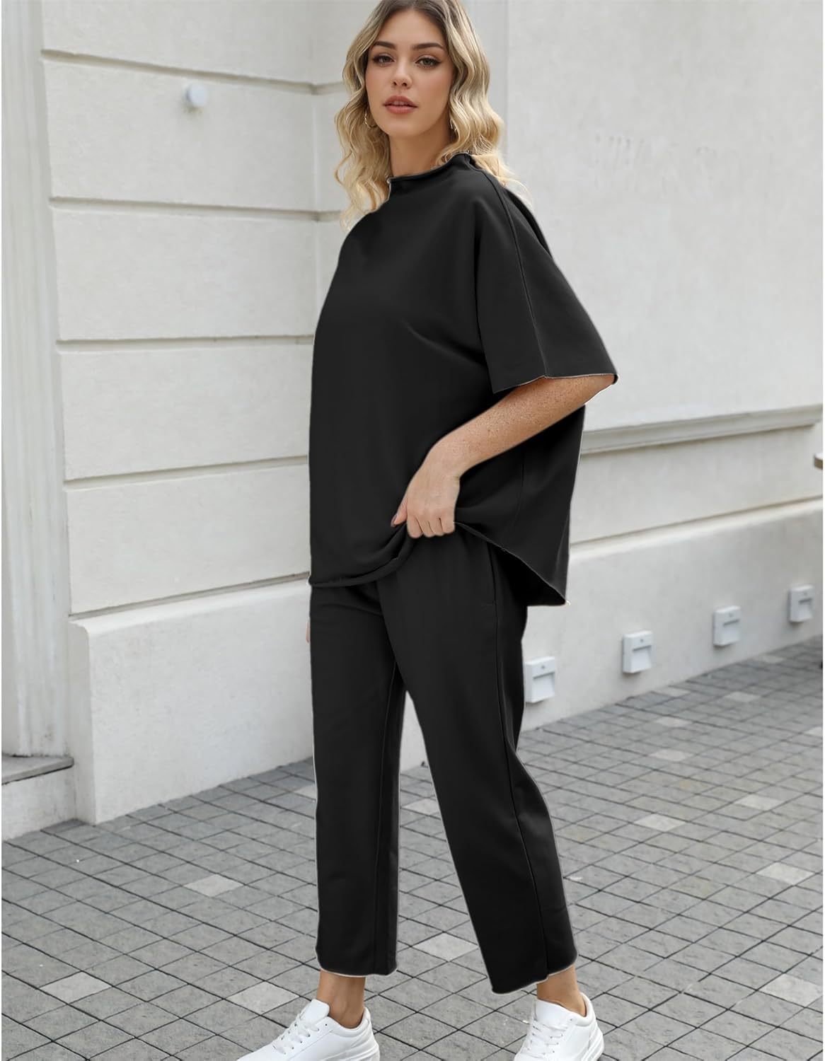 Women's Two Piece Outfits 3/4 Batwing Sleeve Capelet Crew Neck Pullover Top Wide Leg Pants Lounge Set