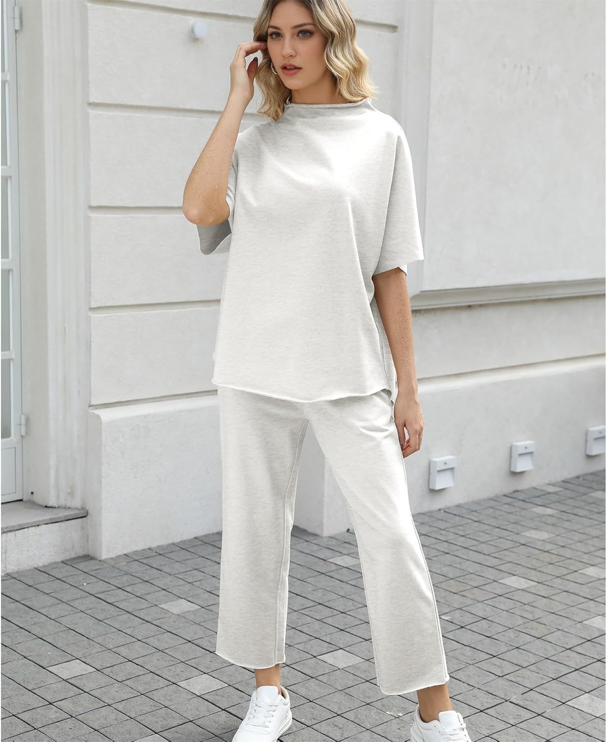 Women's Two Piece Outfits 3/4 Batwing Sleeve Capelet Crew Neck Pullover Top Wide Leg Pants Lounge Set