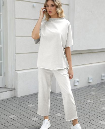 Women's Two Piece Outfits 3/4 Batwing Sleeve Capelet Crew Neck Pullover Top Wide Leg Pants Lounge Set