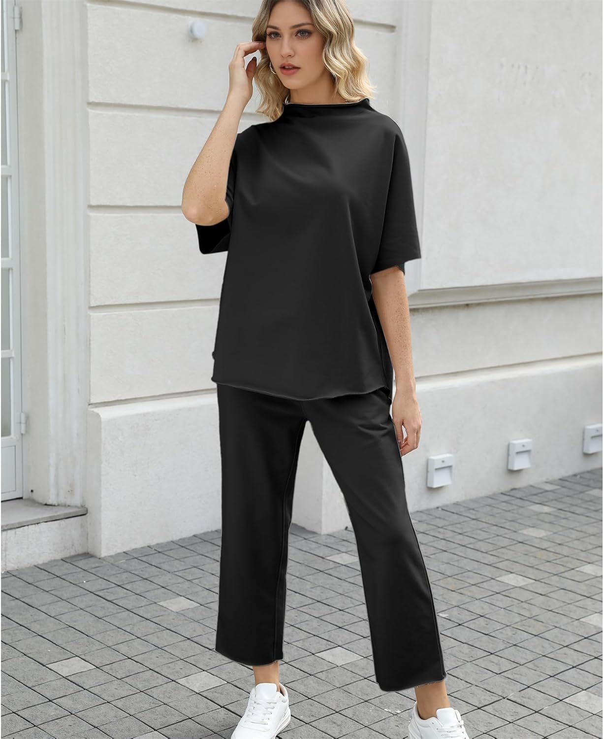 Women's Two Piece Outfits 3/4 Batwing Sleeve Capelet Crew Neck Pullover Top Wide Leg Pants Lounge Set