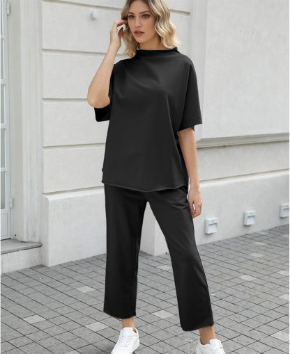Women's Two Piece Outfits 3/4 Batwing Sleeve Capelet Crew Neck Pullover Top Wide Leg Pants Lounge Set