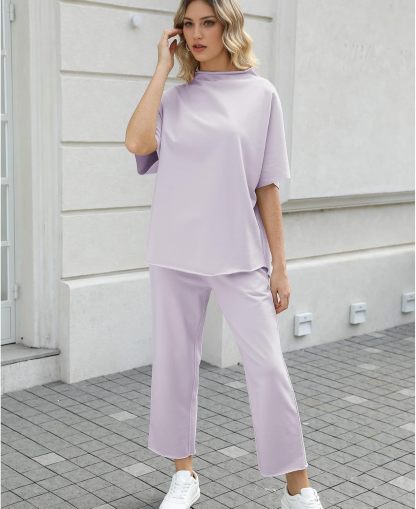 Women's Two Piece Outfits 3/4 Batwing Sleeve Capelet Crew Neck Pullover Top Wide Leg Pants Lounge Set