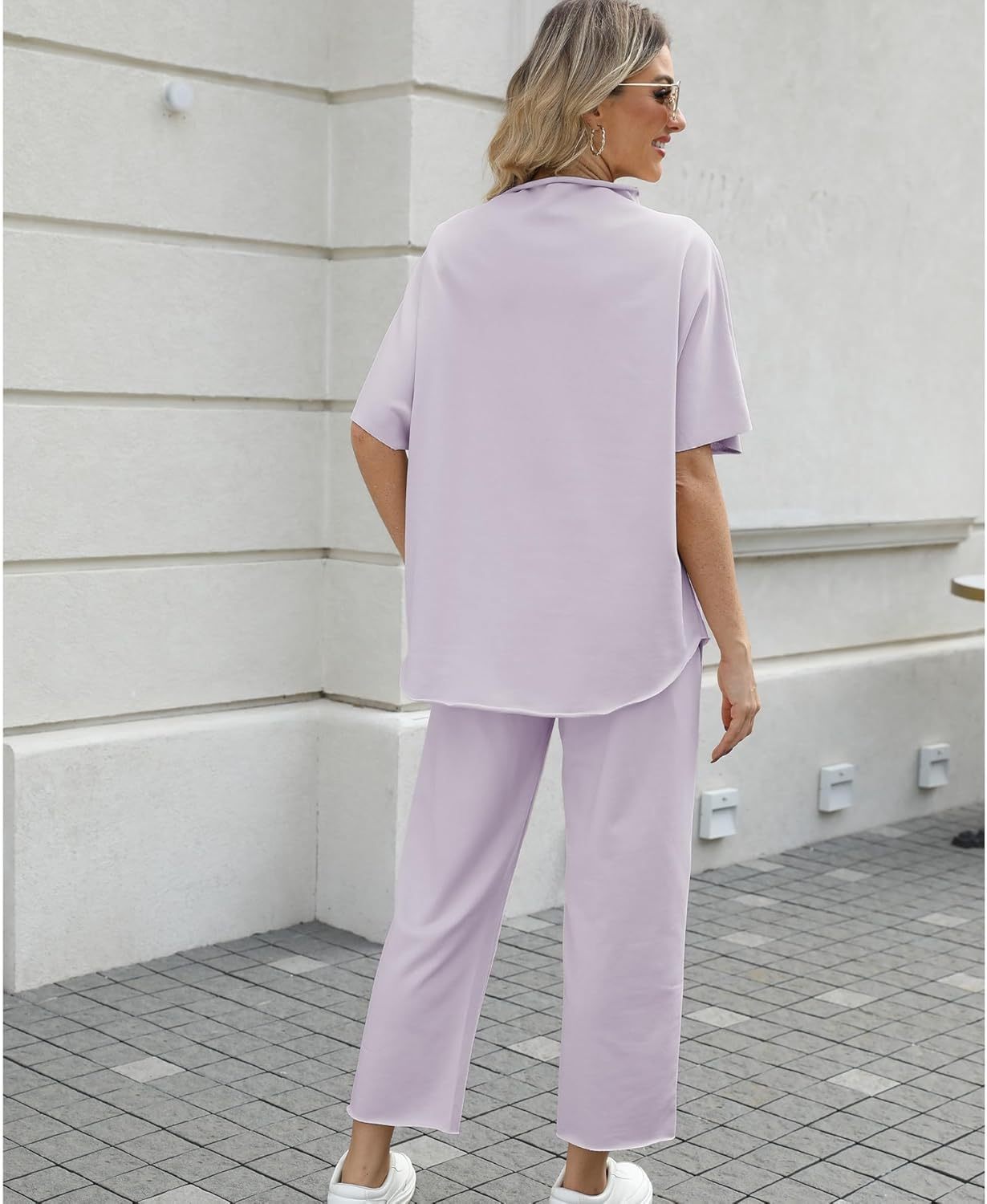 Women's Two Piece Outfits 3/4 Batwing Sleeve Capelet Crew Neck Pullover Top Wide Leg Pants Lounge Set