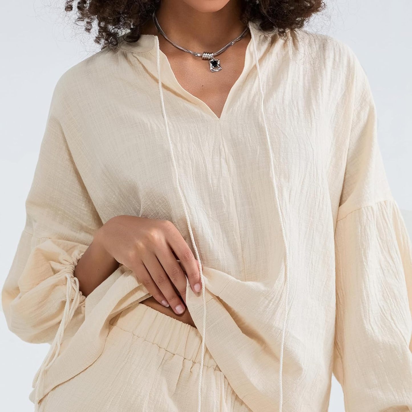 Linen Shorts Sets Women 2 Piece Outfits Long Sleeve Tie Front Tops and Ruffled Boxer Shorts Matching Lounge Sets