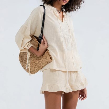 Linen Shorts Sets Women 2 Piece Outfits Long Sleeve Tie Front Tops and Ruffled Boxer Shorts Matching Lounge Sets