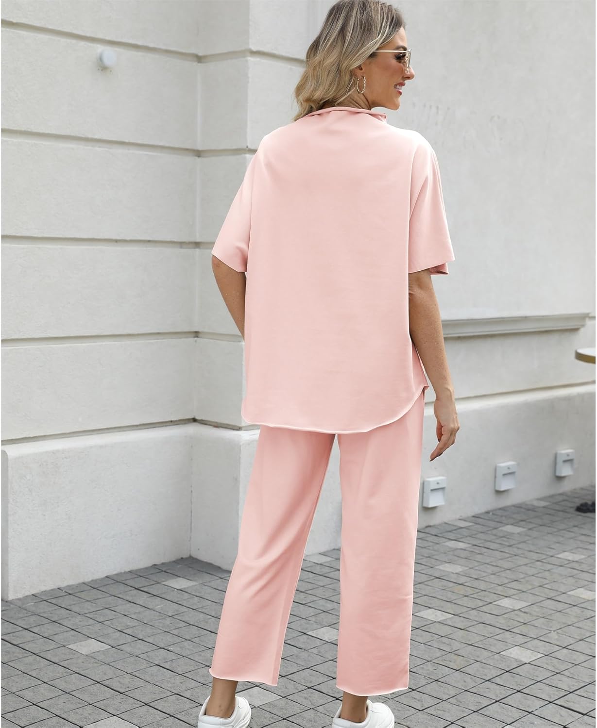 Women's Two Piece Outfits 3/4 Batwing Sleeve Capelet Crew Neck Pullover Top Wide Leg Pants Lounge Set