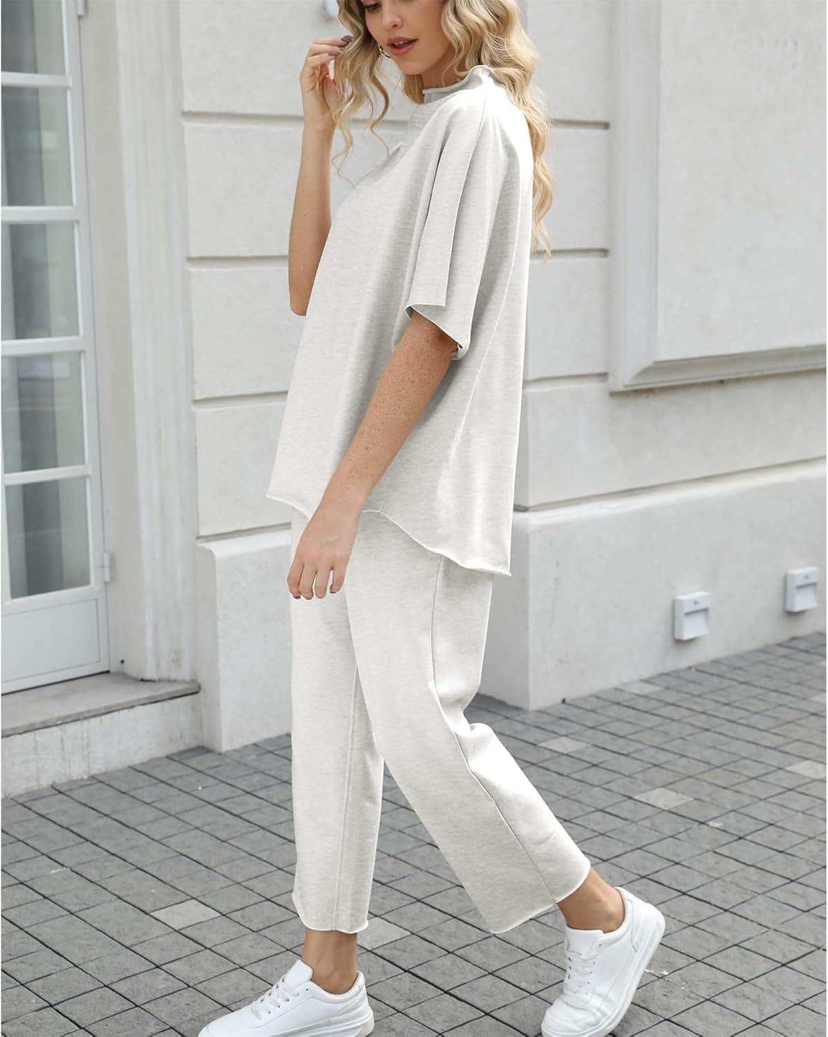 Women's Two Piece Outfits 3/4 Batwing Sleeve Capelet Crew Neck Pullover Top Wide Leg Pants Lounge Set