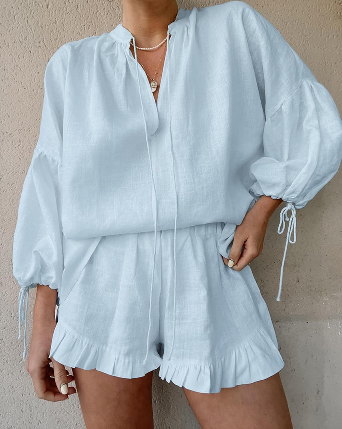 Linen Shorts Sets Women 2 Piece Outfits Long Sleeve Tie Front Tops and Ruffled Boxer Shorts Matching Lounge Sets
