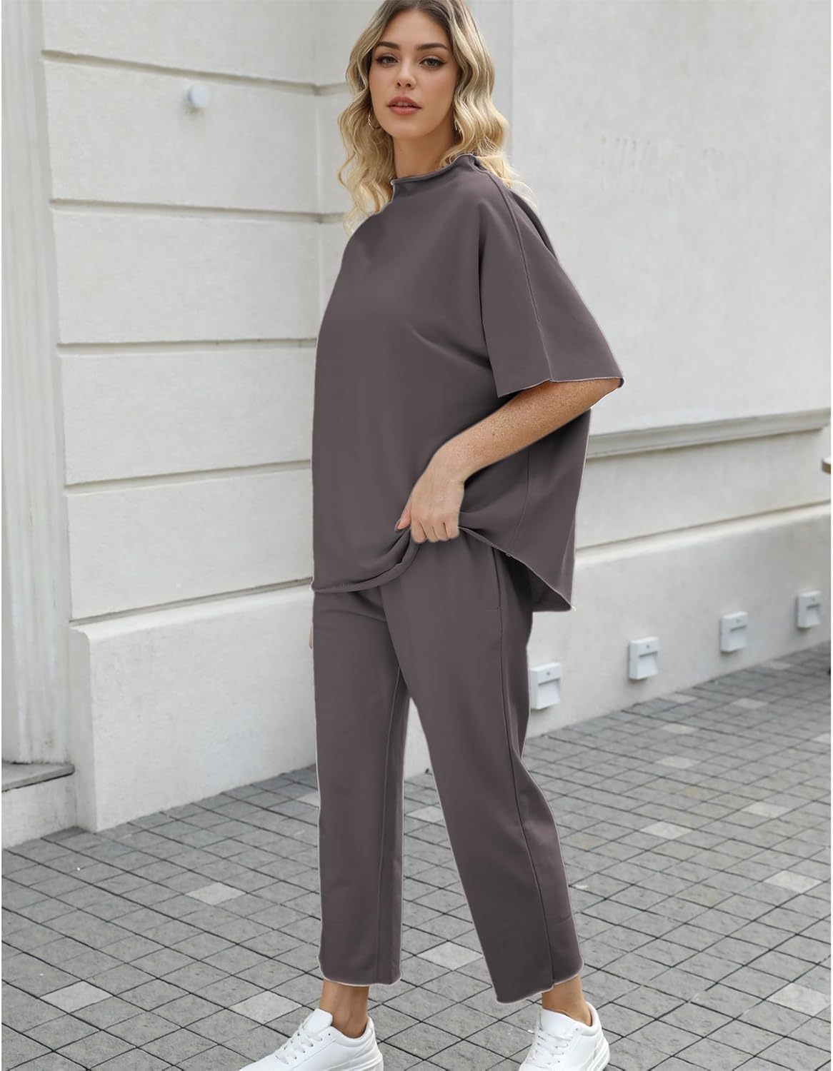 Women's Two Piece Outfits 3/4 Batwing Sleeve Capelet Crew Neck Pullover Top Wide Leg Pants Lounge Set