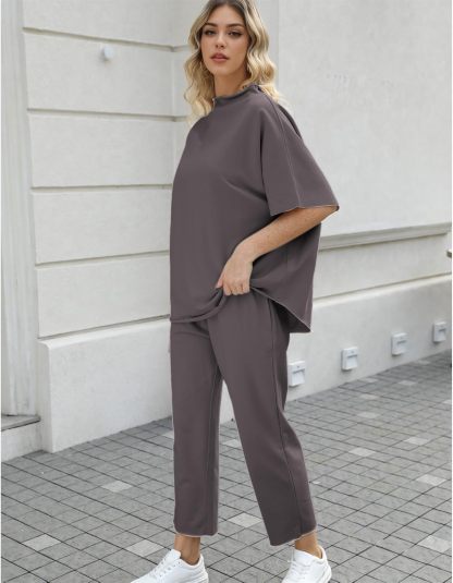 Women's Two Piece Outfits 3/4 Batwing Sleeve Capelet Crew Neck Pullover Top Wide Leg Pants Lounge Set