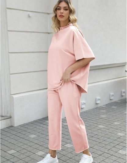 Women's Two Piece Outfits 3/4 Batwing Sleeve Capelet Crew Neck Pullover Top Wide Leg Pants Lounge Set