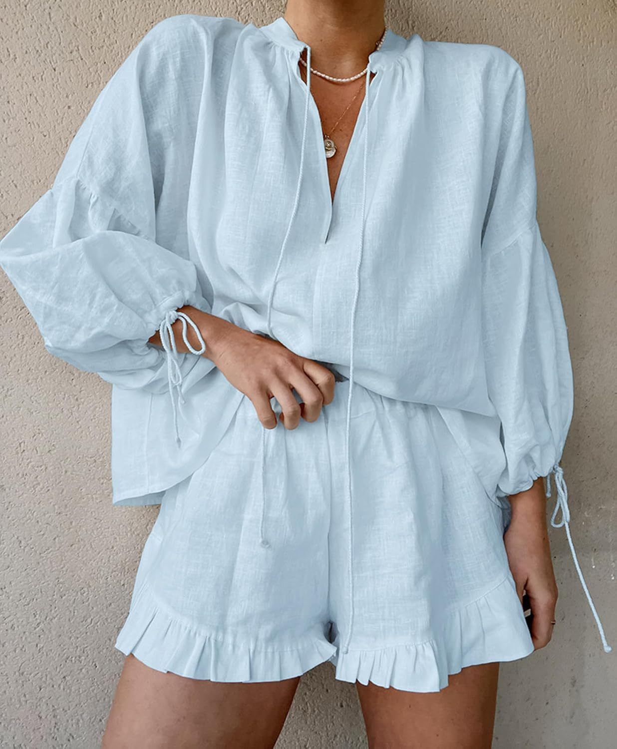 Linen Shorts Sets Women 2 Piece Outfits Long Sleeve Tie Front Tops and Ruffled Boxer Shorts Matching Lounge Sets