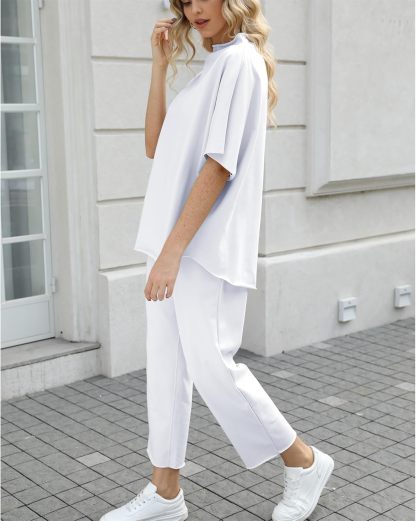 Women's Two Piece Outfits 3/4 Batwing Sleeve Capelet Crew Neck Pullover Top Wide Leg Pants Lounge Set