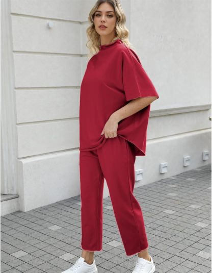 Women's Two Piece Outfits 3/4 Batwing Sleeve Capelet Crew Neck Pullover Top Wide Leg Pants Lounge Set