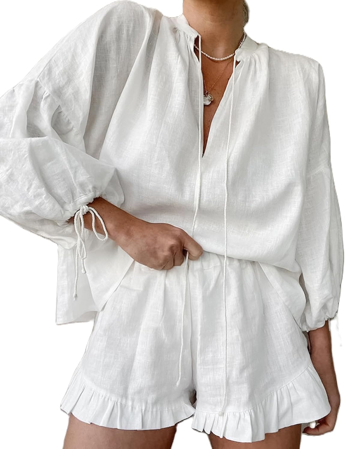 Linen Shorts Sets Women 2 Piece Outfits Long Sleeve Tie Front Tops and Ruffled Boxer Shorts Matching Lounge Sets