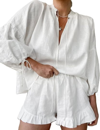 Linen Shorts Sets Women 2 Piece Outfits Long Sleeve Tie Front Tops and Ruffled Boxer Shorts Matching Lounge Sets