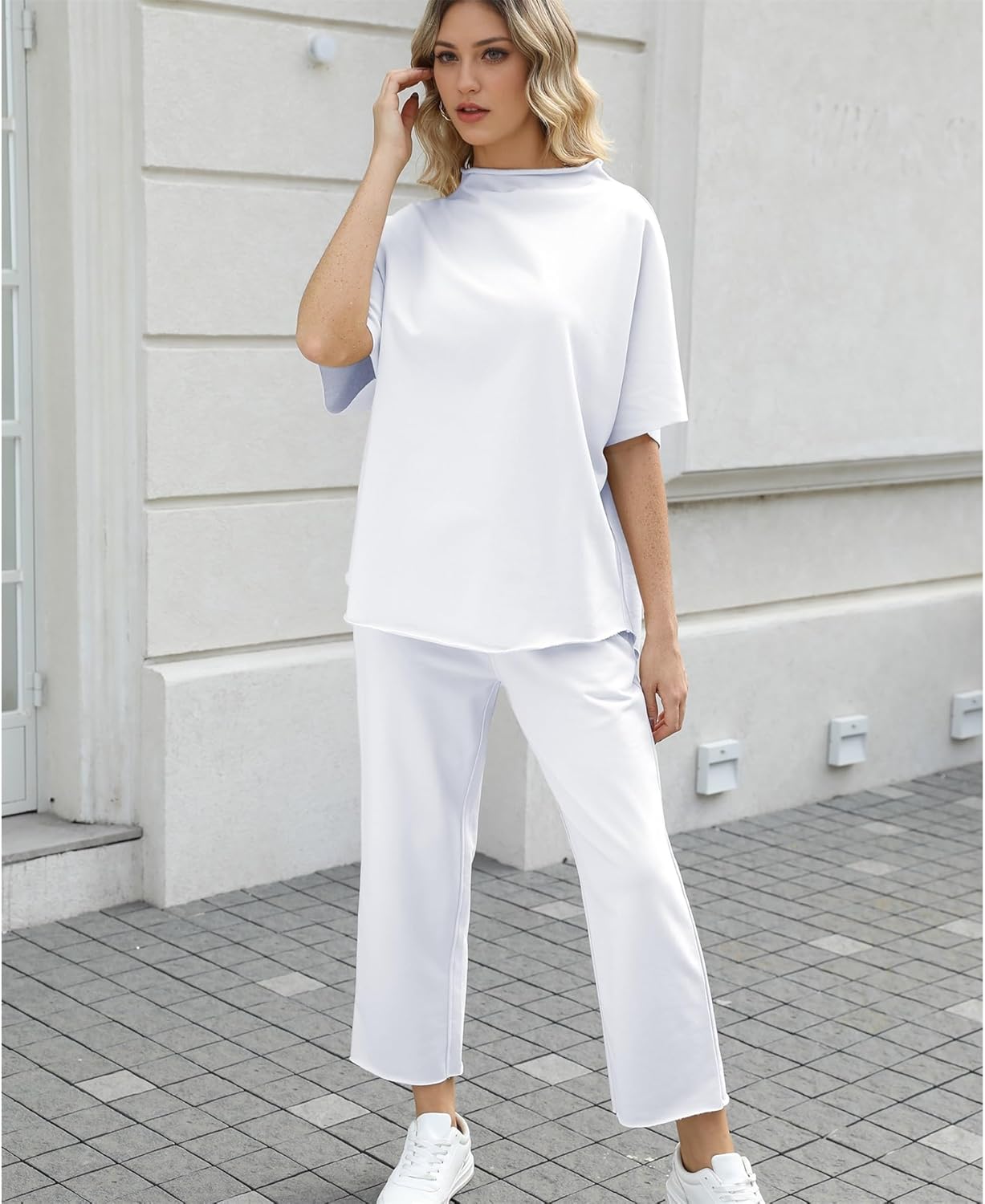 Women's Two Piece Outfits 3/4 Batwing Sleeve Capelet Crew Neck Pullover Top Wide Leg Pants Lounge Set