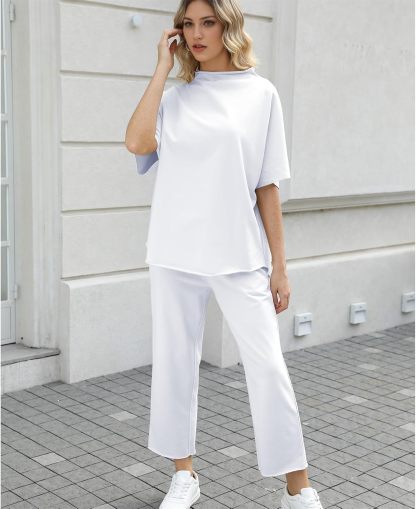 Women's Two Piece Outfits 3/4 Batwing Sleeve Capelet Crew Neck Pullover Top Wide Leg Pants Lounge Set