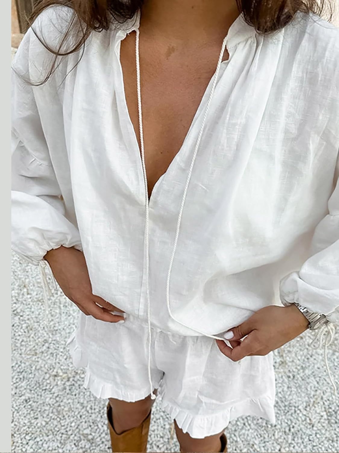 Linen Shorts Sets Women 2 Piece Outfits Long Sleeve Tie Front Tops and Ruffled Boxer Shorts Matching Lounge Sets