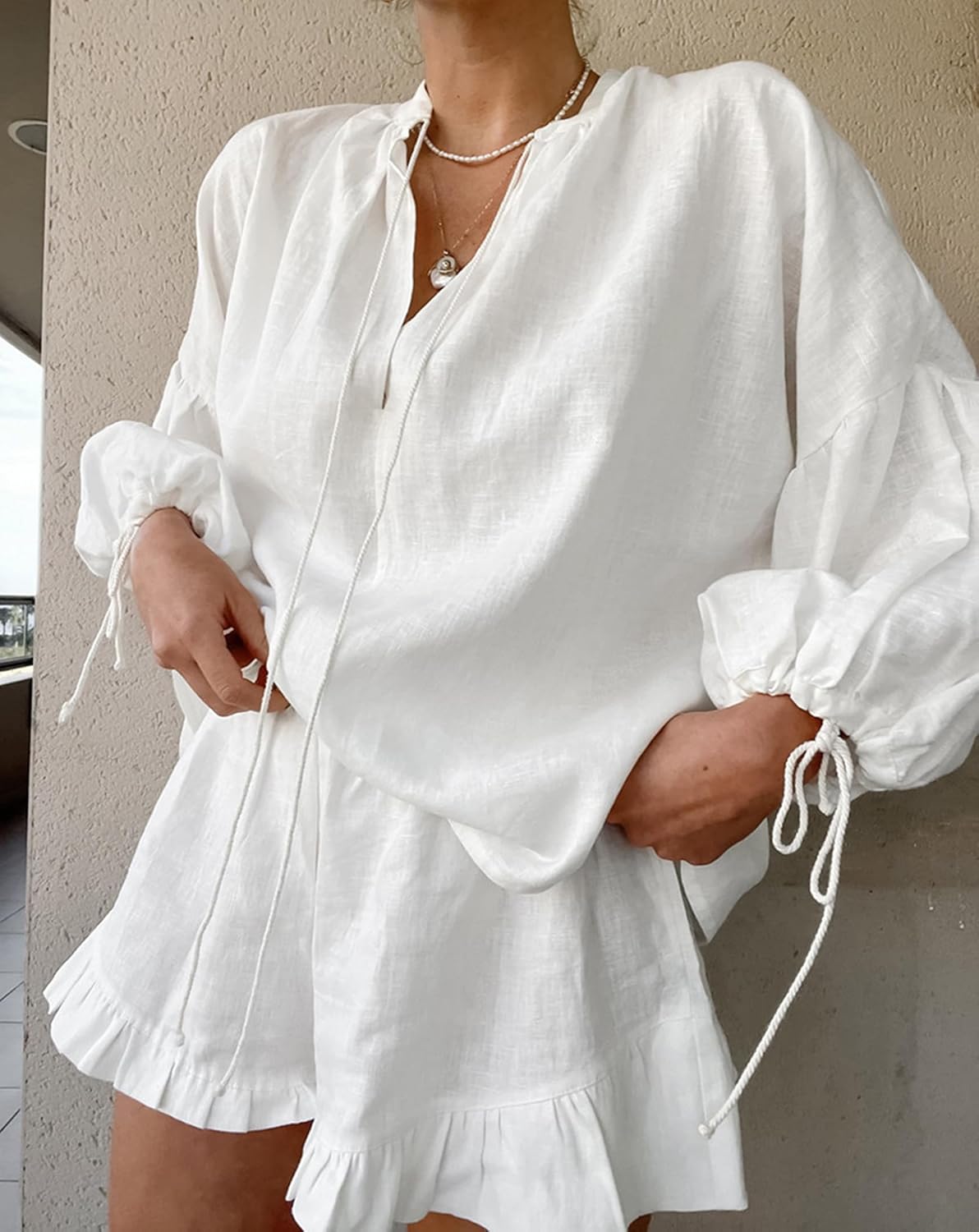 Linen Shorts Sets Women 2 Piece Outfits Long Sleeve Tie Front Tops and Ruffled Boxer Shorts Matching Lounge Sets