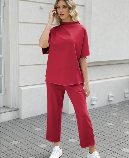 Women's Two Piece Outfits 3/4 Batwing Sleeve Capelet Crew Neck Pullover Top Wide Leg Pants Lounge Set
