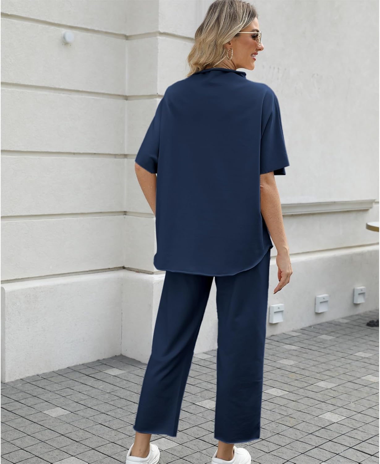 Women's Two Piece Outfits 3/4 Batwing Sleeve Capelet Crew Neck Pullover Top Wide Leg Pants Lounge Set