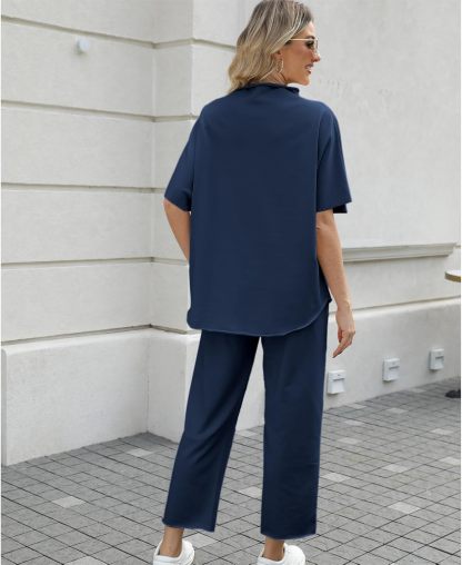 Women's Two Piece Outfits 3/4 Batwing Sleeve Capelet Crew Neck Pullover Top Wide Leg Pants Lounge Set