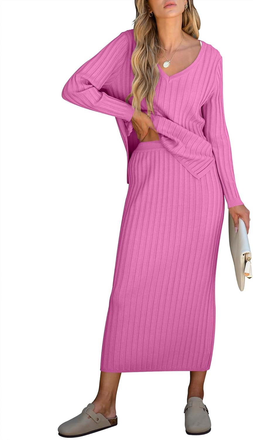 ??Christmas Clearance??Women's Long Sleeve V Neck Ribbed Knit Dress Set