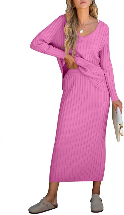 ??Christmas Clearance??Women's Long Sleeve V Neck Ribbed Knit Dress Set
