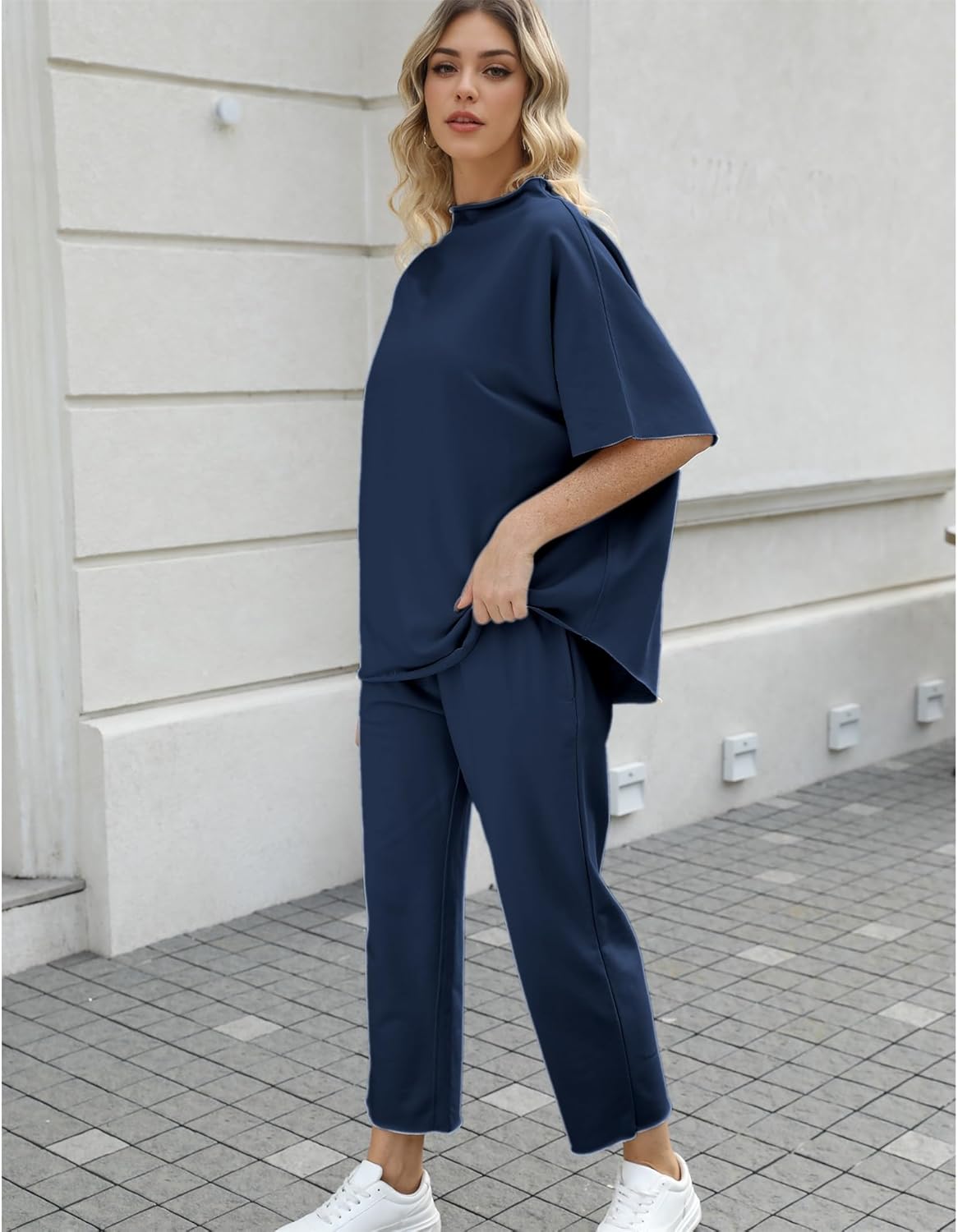 Women's Two Piece Outfits 3/4 Batwing Sleeve Capelet Crew Neck Pullover Top Wide Leg Pants Lounge Set