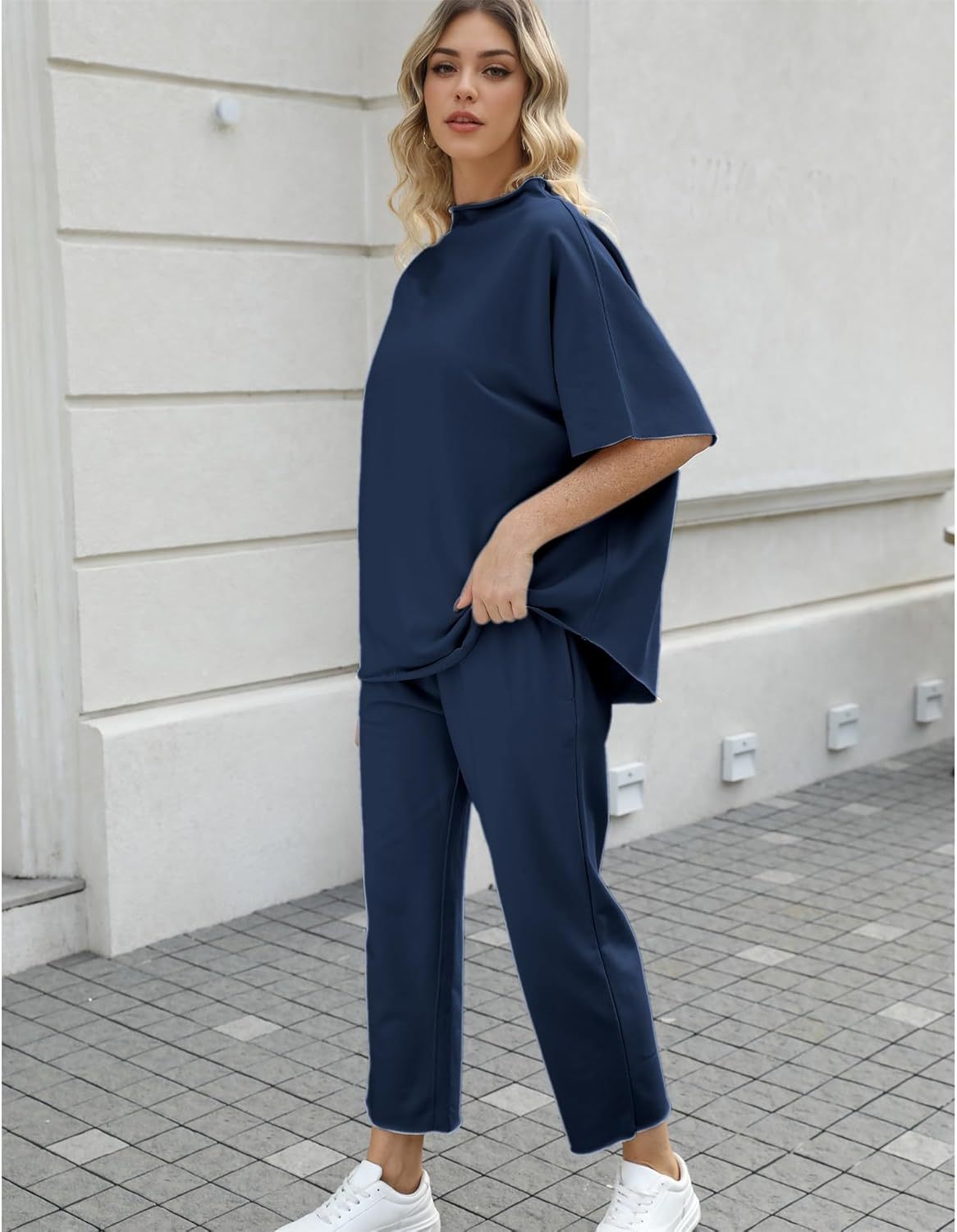 Women's Two Piece Outfits 3/4 Batwing Sleeve Capelet Crew Neck Pullover Top Wide Leg Pants Lounge Set