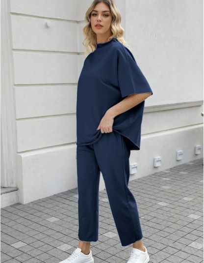 Women's Two Piece Outfits 3/4 Batwing Sleeve Capelet Crew Neck Pullover Top Wide Leg Pants Lounge Set