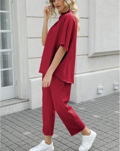 Women's Two Piece Outfits 3/4 Batwing Sleeve Capelet Crew Neck Pullover Top Wide Leg Pants Lounge Set