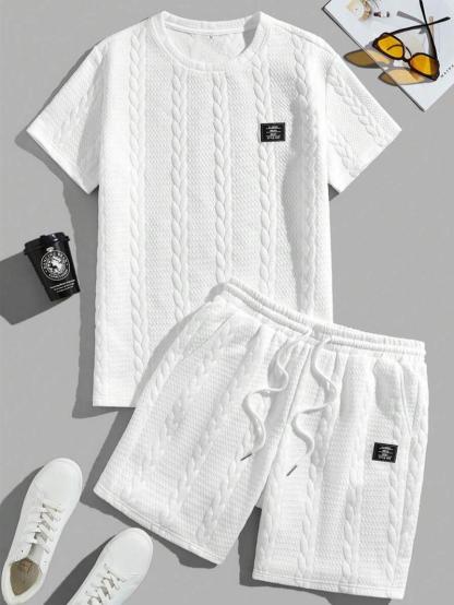 Men's Solid Textured Patched Tee & DrawstringWaist Shorts Set