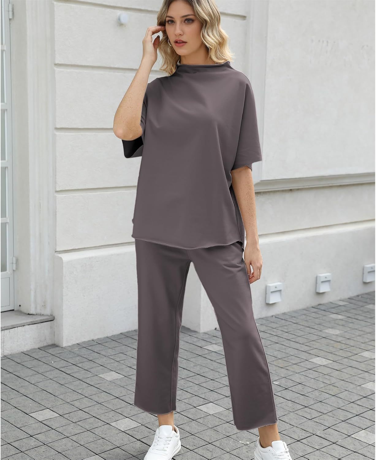 Women's Two Piece Outfits 3/4 Batwing Sleeve Capelet Crew Neck Pullover Top Wide Leg Pants Lounge Set