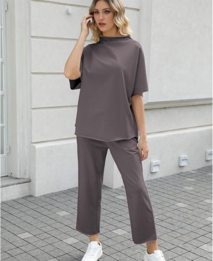 Women's Two Piece Outfits 3/4 Batwing Sleeve Capelet Crew Neck Pullover Top Wide Leg Pants Lounge Set