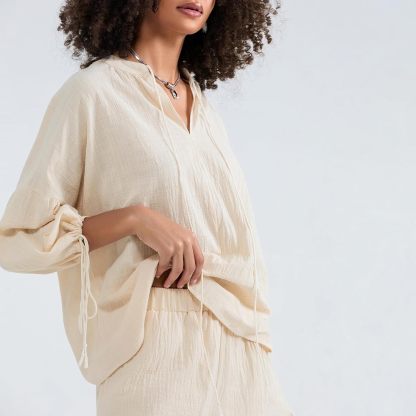 Linen Shorts Sets Women 2 Piece Outfits Long Sleeve Tie Front Tops and Ruffled Boxer Shorts Matching Lounge Sets