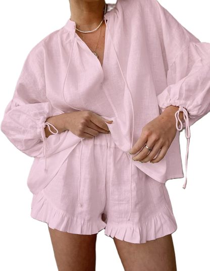 Linen Shorts Sets Women 2 Piece Outfits Long Sleeve Tie Front Tops and Ruffled Boxer Shorts Matching Lounge Sets