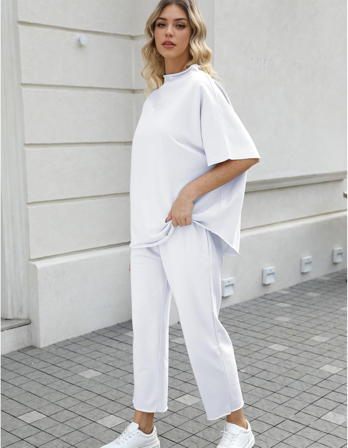 Women's Two Piece Outfits 3/4 Batwing Sleeve Capelet Crew Neck Pullover Top Wide Leg Pants Lounge Set