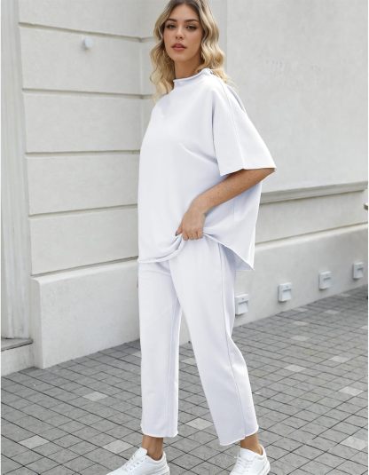 Women's Two Piece Outfits 3/4 Batwing Sleeve Capelet Crew Neck Pullover Top Wide Leg Pants Lounge Set