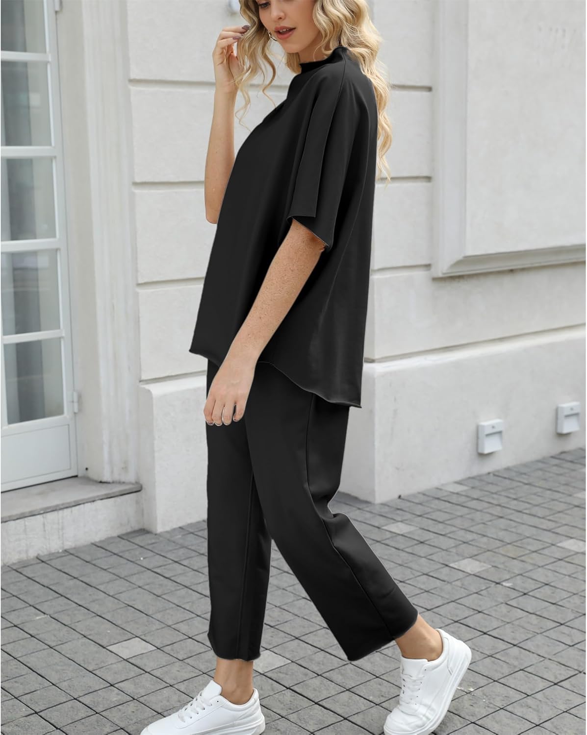 Women's Two Piece Outfits 3/4 Batwing Sleeve Capelet Crew Neck Pullover Top Wide Leg Pants Lounge Set