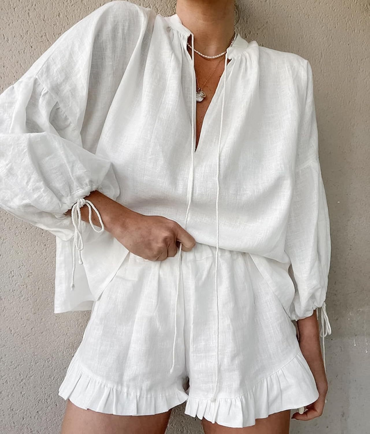 Linen Shorts Sets Women 2 Piece Outfits Long Sleeve Tie Front Tops and Ruffled Boxer Shorts Matching Lounge Sets