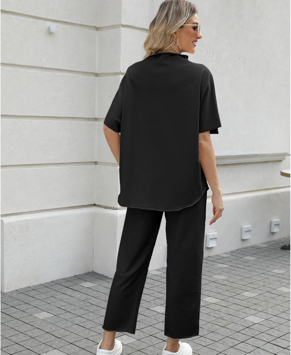 Women's Two Piece Outfits 3/4 Batwing Sleeve Capelet Crew Neck Pullover Top Wide Leg Pants Lounge Set