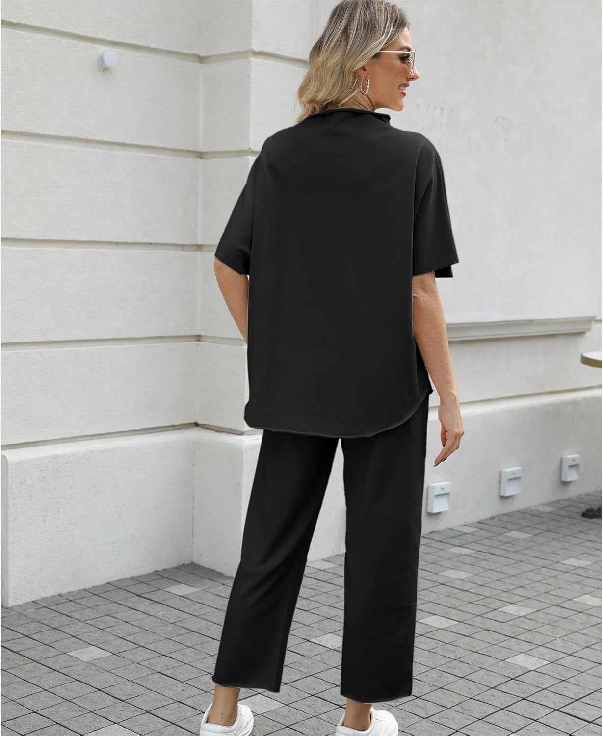 Women's Two Piece Outfits 3/4 Batwing Sleeve Capelet Crew Neck Pullover Top Wide Leg Pants Lounge Set