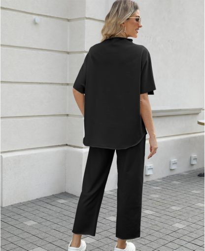 Women's Two Piece Outfits 3/4 Batwing Sleeve Capelet Crew Neck Pullover Top Wide Leg Pants Lounge Set