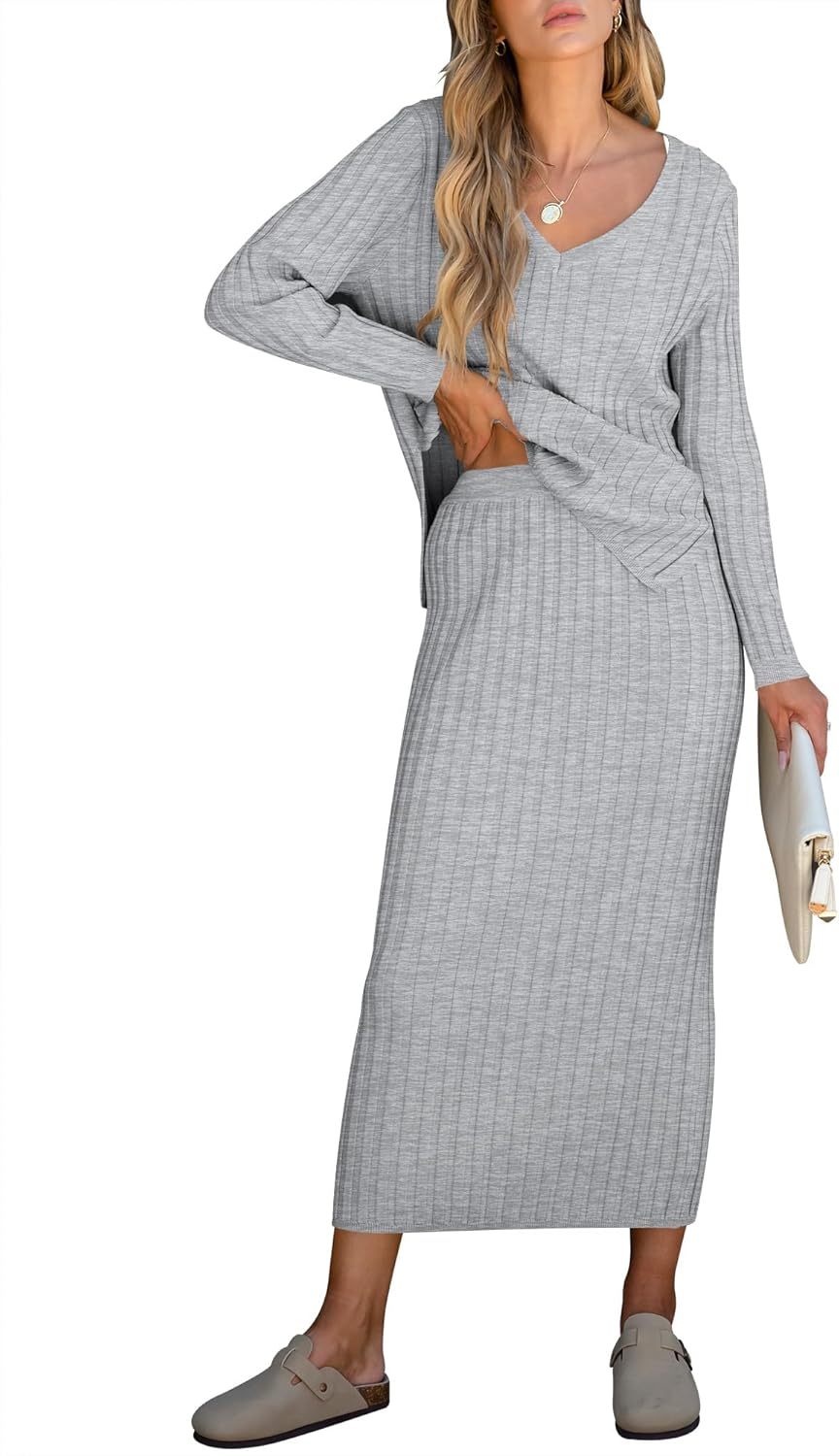 ??Christmas Clearance??Women's Long Sleeve V Neck Ribbed Knit Dress Set